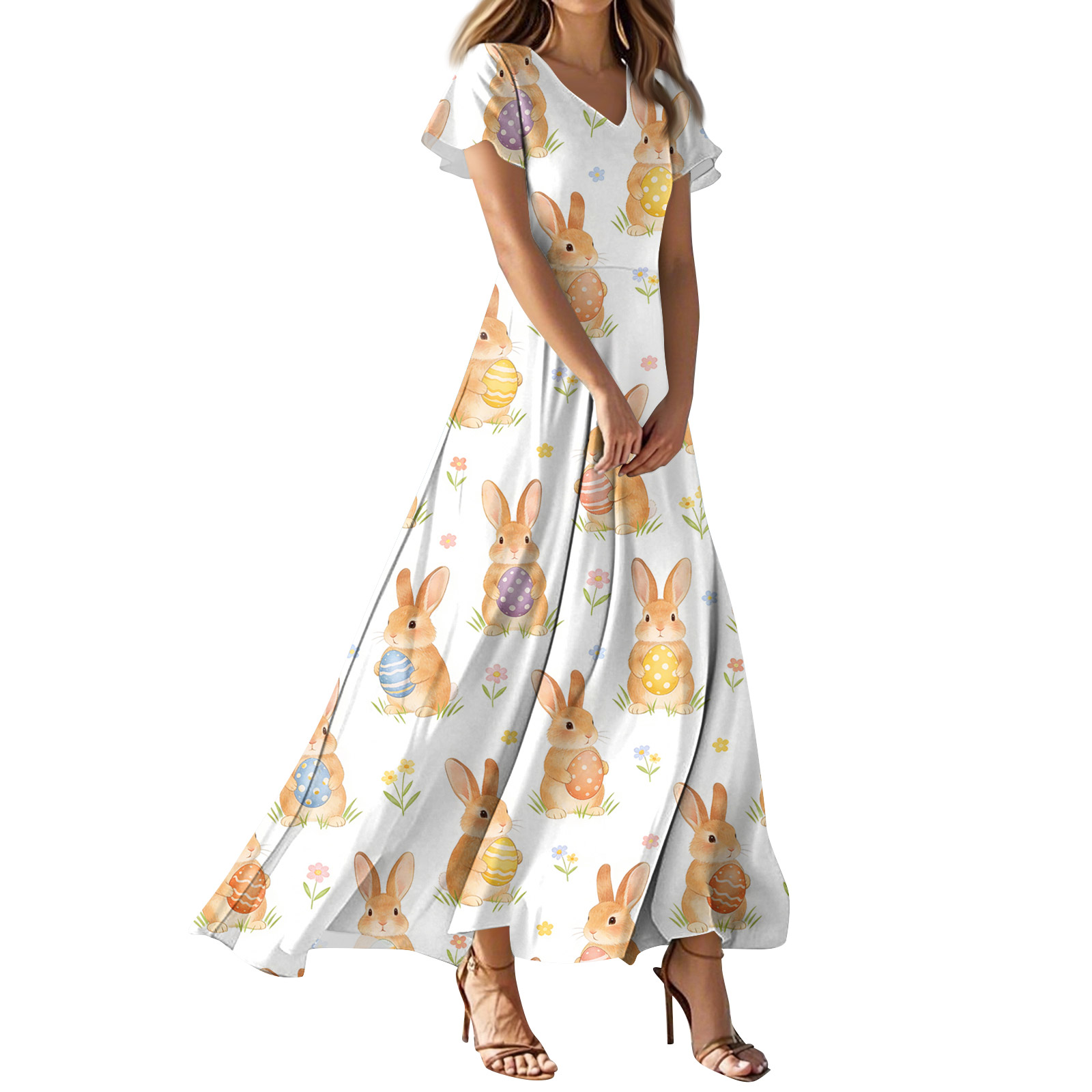 LWavelet Women's V-Neck Ruffle Sleeve Bunny & Easter Egg Bow Print Maxi ...