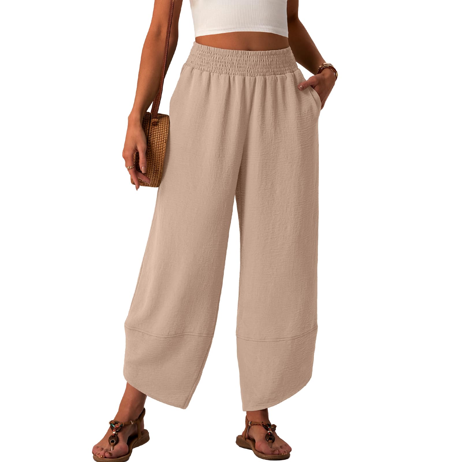 LWavelet Women's Smocked Waist Cropped Harem Pants with Pockets for ...